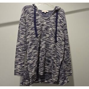 LOFT Knit Hoodie Sweater‎ Top Tunic Blue White Long Sleeve Small